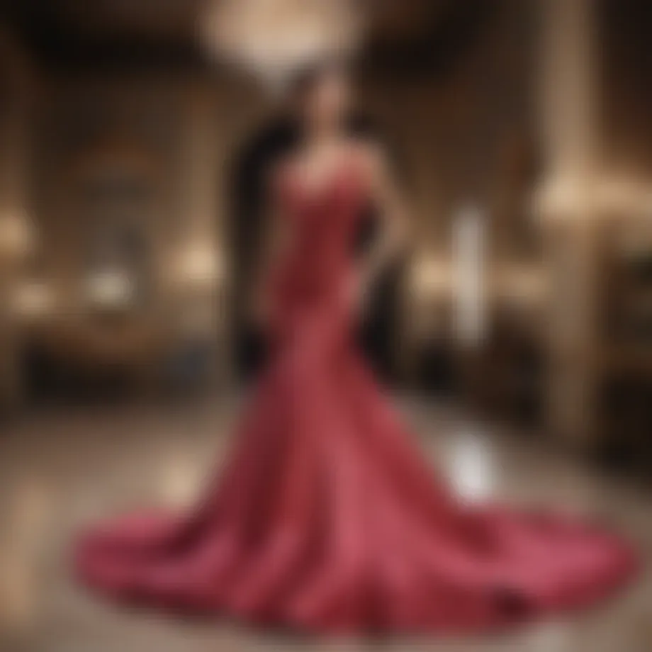 Elegant evening gown displayed in a boutique setting