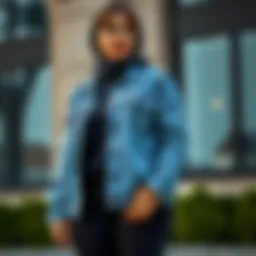 Stylish plus-size denim jacket showcasing modest fashion
