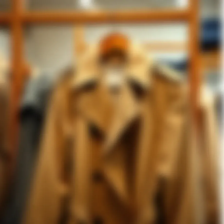 A classic trench coat displayed elegantly on a wooden hanger