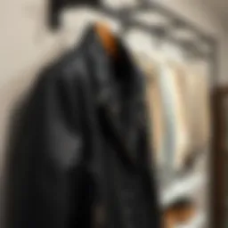 Stylish black leather jacket displayed on a wooden hanger