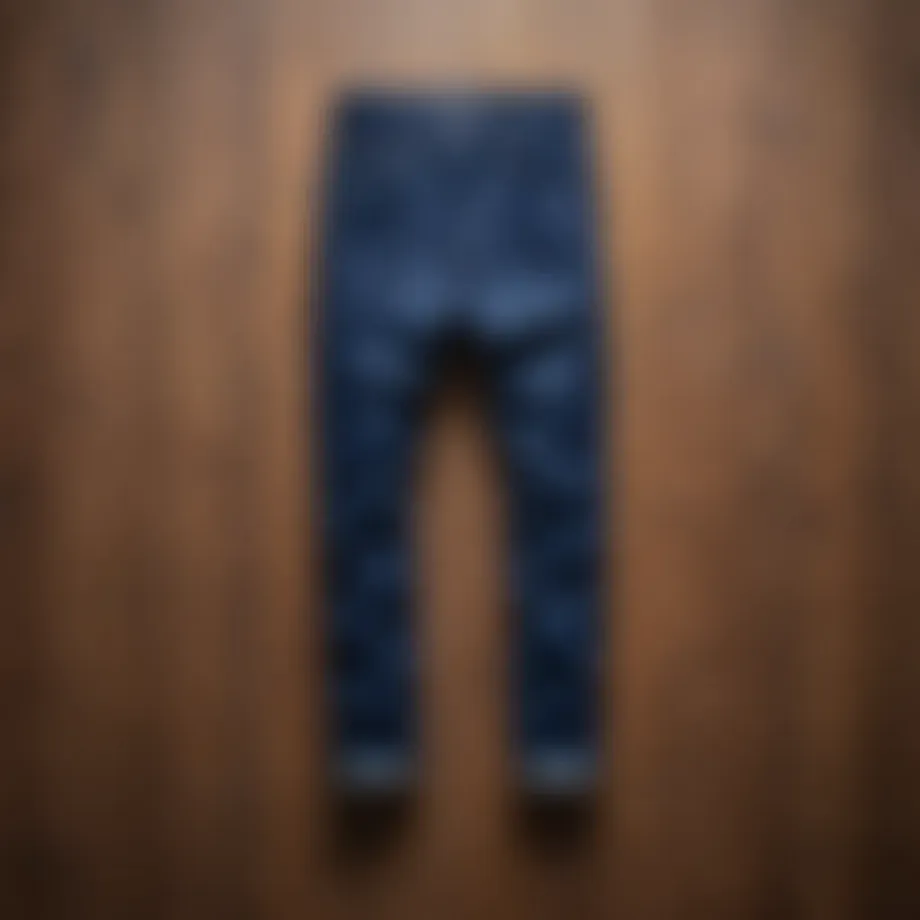 A stylish pair of indigo pants displayed on a wooden background