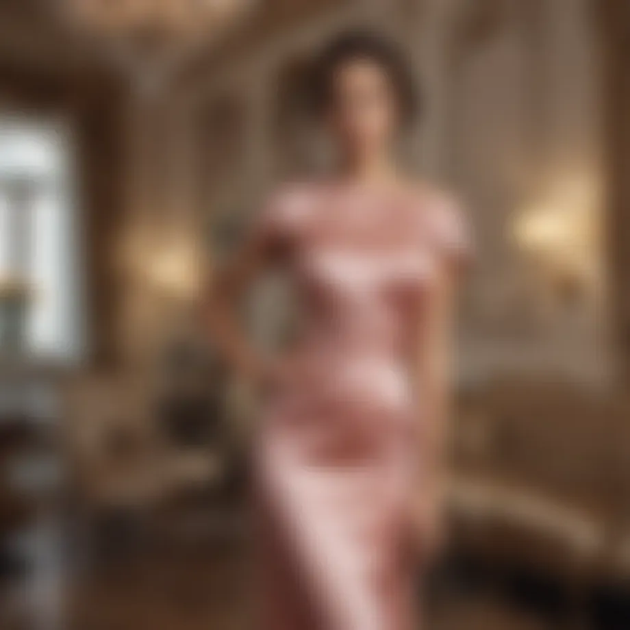 Elegant midi satin evening dress showcased in a stylish setting
