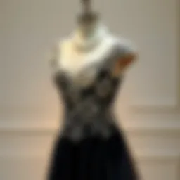 Elegant pearl-embellished evening gown on a mannequin