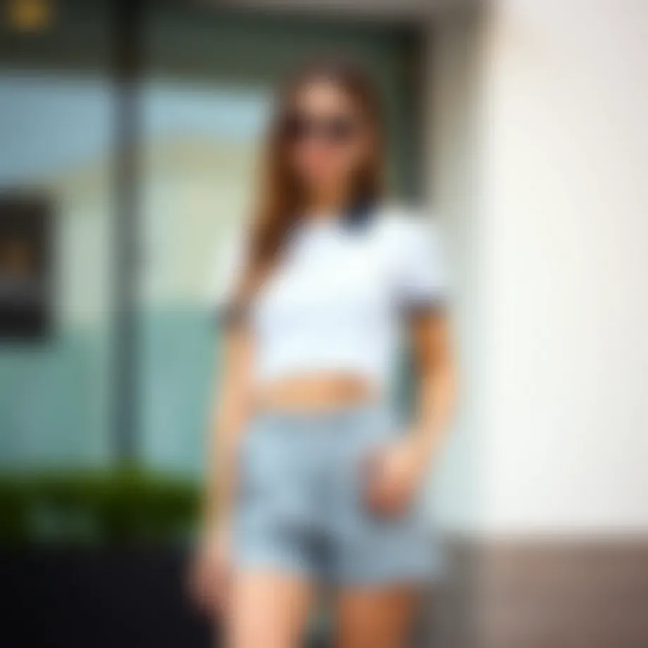 A polo crop top elegantly styled with high-waisted shorts.