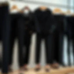 A collection of various black pant styles on display