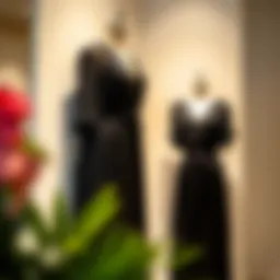 Elegant black chiffon dress displayed on a mannequin