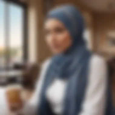 Modern Hijab Fashion in Everyday Life Elegant woman showcasing a modern hijab style in a café setting.