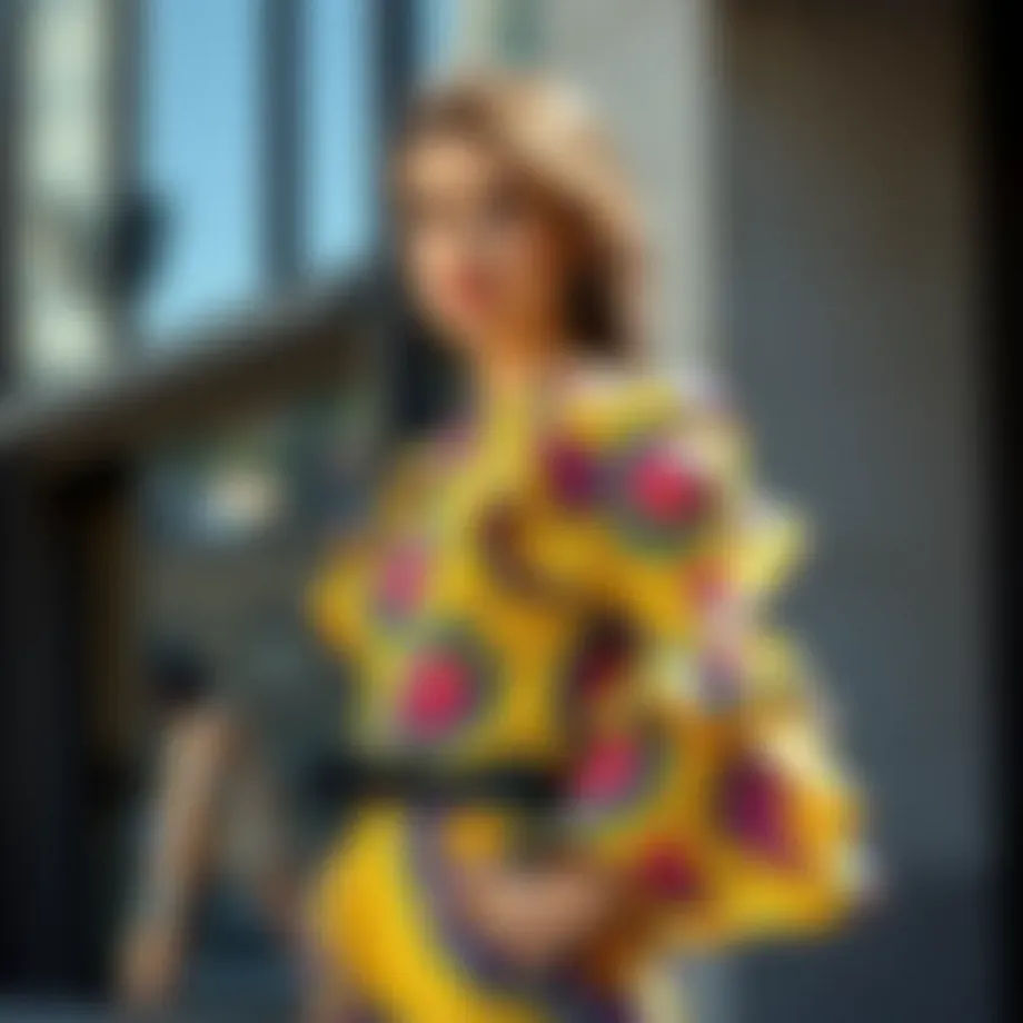 Elegant ruffled sleeve dress showcasing vibrant patterns